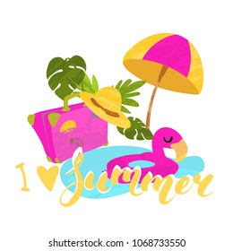 Vector illustration of summer holidays. Travel concept. Tropical plants, suitcase, hat, flamingo lifebuoys, beach and sunshade.