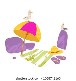 Vector illustration of summer holidays. Travel concept. Beach and sunshade