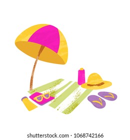 Vector illustration of summer holidays. Travel concept. Beach and sunshade