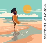 Vector illustration summer holidays vacation. A woman on vacation, in a swimsuit, walks along the beach. Woman back view. Sea, sky, beach, tanned girl