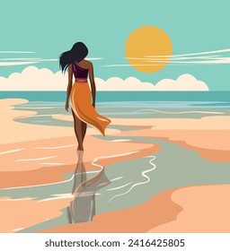 Vector illustration summer holidays vacation. A woman on vacation, in a swimsuit, walks along the beach. Woman back view. Sea, sky, beach, tanned girl