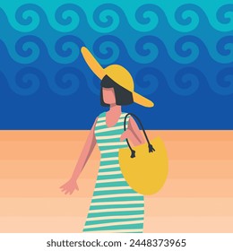 Vector illustration summer holidays vacation. A woman on vacation, in a swimsuit, walks along the beach. Woman back view. Sea, sky, beach, tanned girl