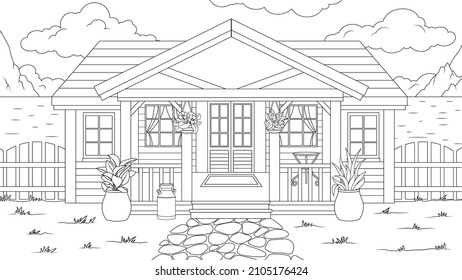 Vector illustration, summer house by the sea, coloring book