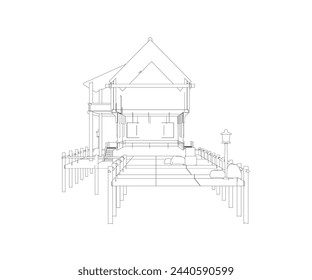 Ilustración vectorial, casa de verano junto al mar. Modelo de casa suburbana 3D. Dibujo del edificio moderno. Proyecto de cabaña sobre fondo blanco. Plano vectorial.