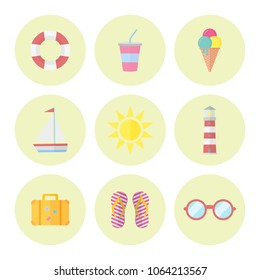 Vector illustration of summer icon set on circles. Set including vacation, travel and sea Icons. Flat trend style vector illustration