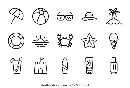 Vector illustration of a summer icon set in line icon style, isolated on white. Includes beach, vacation, sun, drink, and travel elements. Perfect for seasonal and holiday designs.