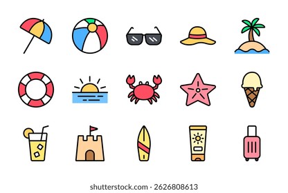 Vector illustration of a summer icon set in colored outline style, isolated on white. Includes beach, umbrella, crab, vacation, sun, drink, and travel elements. Perfect for holiday designs.