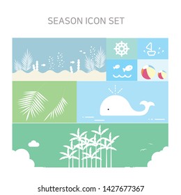 Vector illustration of summer icons for summer event, Sea, whale, marine life, marine plants, water, sea view, fish, summer, event, sale.