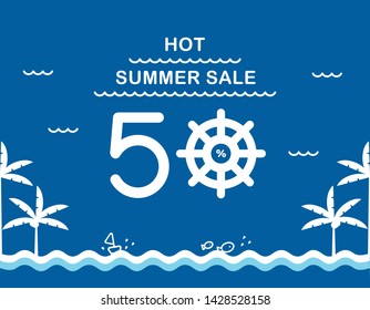 Vector illustration of summer icons for summer event, sea, cloud, palm, seagull, wave, sailboat, fish, key, beach, summer, event, sale, special price, coupon, discount, popup, background, sky.