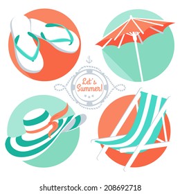 Vector Illustration Summer icons: flip flops, hat, beach umbrella and chair