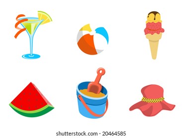 Vector illustration of summer icons. Includes cocktail, ball, heat, ice-cream, watermelon and sand bucket.