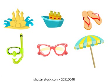 Vector illustration of summer icons. Includes sand castel, boat, flip-flop, snorkel, sunglasses and umbrella.