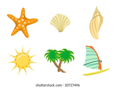 Vector illustration of summer icons. Includes sun, starfish, sea shelld, palm tree and yacht