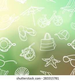 Vector illustration  Summer icons seamless line pattern. Doodle style. Blured background