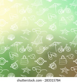 Vector illustration  Summer icons seamless line pattern. Doodle style. Blured background