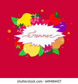 Vector illustration. Summer inscription in a frame of fruits and berries on a bright red background