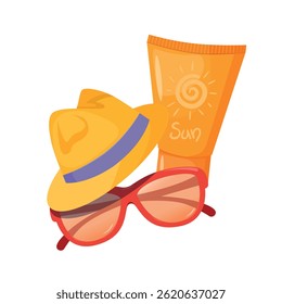 Vector illustration with summer items a sun hat, a pair of red sunglasses, and a tube of sunscreen. The design is bright, ideal for summer promo, travel brochures, and vacation advertisements.