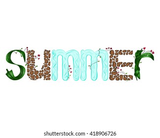 Vector illustration. Summer laid out letters from the leaves, stones and water