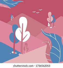 Vector illustration of a summer landscape. Abstract children background. Trees on the hills.