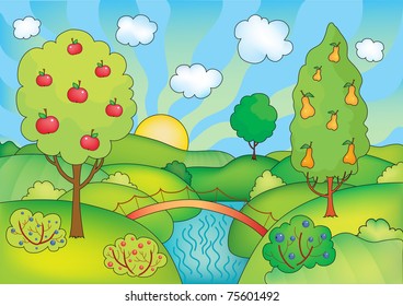 Vector illustration of summer landscape with apple, pear and a small river.  eps -file made with mesh.