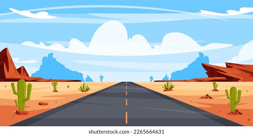 Vector illustration of a summer landscape with an asphalt road in the desert. Cartoon landscape with an asphalt highway in the middle of the desert with mountains, hills.