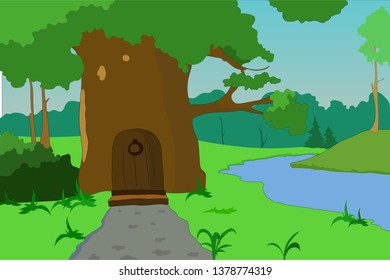 Vector illustration summer landscape with background, big tree with door, river, grass and walkway in the foreground. For children's books, games, animation