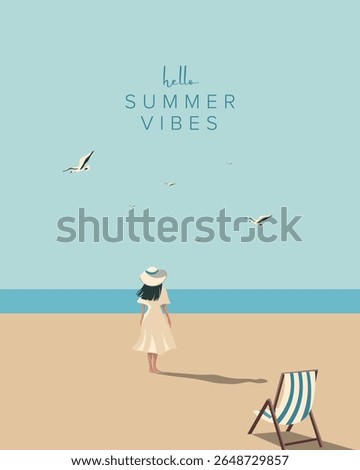 Vector illustration. Summer landscape, beach poster, girl on the beach, banner, postcard, cover. Modern design. Tourism.