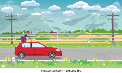 Vector illustration of summer landscape with car on the road and mountains on background