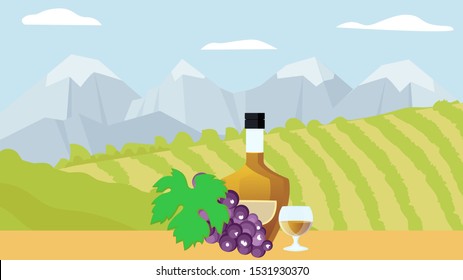 Vector illustration of summer landscape with cognac. Alcohol and field natural background.