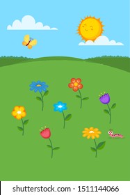 Vector illustration of summer landscape. Colorful flowers, butterfly, caterpillar and sun 