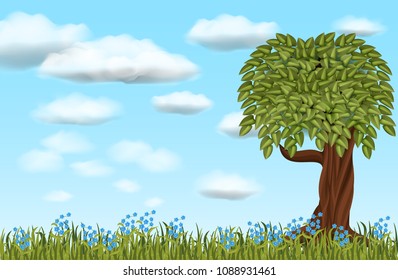 Vector illustration of a summer landscape field with blue flowers, a tree with green leaves and clouds.