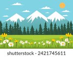 Vector illustration of a summer landscape with flowers, trees, high mountains with snow-capped peaks, clouds and sun in flat style. A simple cartoon landscape of a summer day in nature.