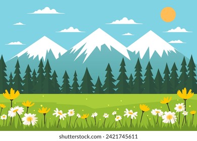 Vektorgrafik einer Sommerlandschaft mit Blumen, Bäumen, hohen Bergen mit schneebedeckten Gipfeln, Wolken und Sonne im flachen Stil. Eine einfache Cartoon-Landschaft eines Sommertags in der Natur.