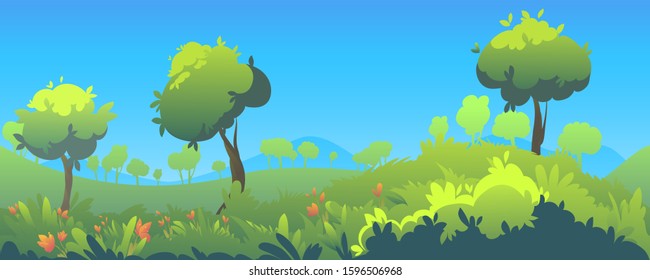 Vector illustration of summer landscape. Grass trees and flowers, background with natur