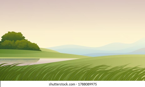 Vector illustration of a summer landscape. Green hills and meadows with lush grass.