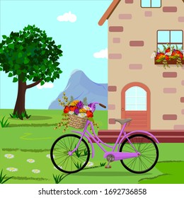 
Vector illustration, summer landscape with house, bike, tree, flowers and mountains