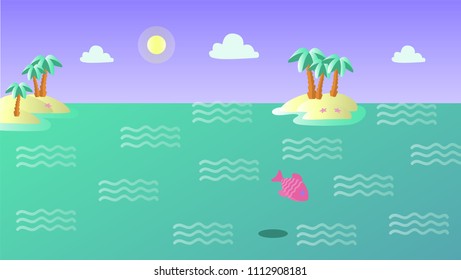 Vector illustration of summer landscape with islands and fish. Trendy flat style. Can be used for motion design or another design project.