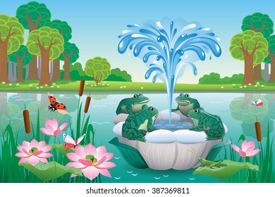 Vector illustration of summer landscape with lake and fountain with frogs