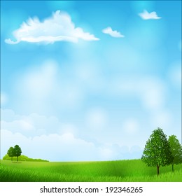  Ilustración vectorial - paisaje de verano - prados y árboles. EPS 10