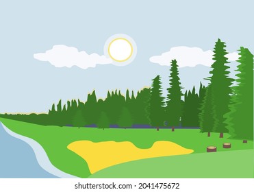 Vector illustration of a summer landscape with meadows, trees and sunrise in the mountains.