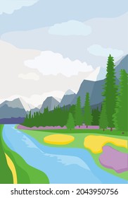 Vector illustration of a summer landscape with meadows, trees and sunrise in the mountains.	