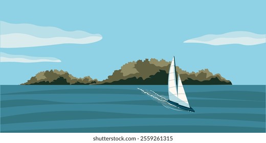 Vector illustration. Summer landscape, modern design. Boat, yacht. Minimalism.