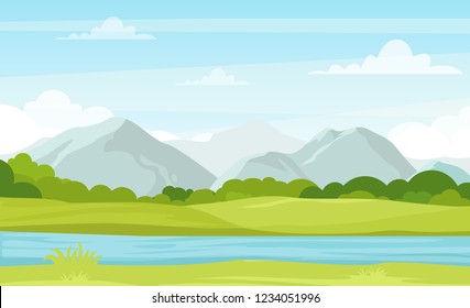 Ilustração vetorial da paisagem de verão com montanhas e rio. Bela vista de montanhas em estilo plano dos desenhos animados, bom fundo para o seu design de banner.