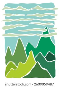vector illustration of a summer landscape panorama hand draw. hiil and mountains organic lines matisse style, naive art, contemporary backgrounds vector illustration