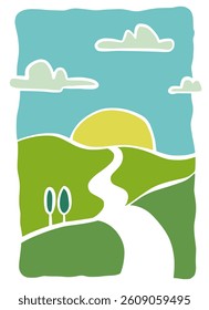 vector illustration of a summer landscape panorama hand draw. hiil and mountains organic lines matisse style, naive art, contemporary backgrounds vector illustration