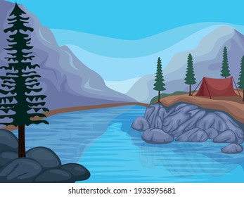 Vector illustration of a summer landscape. With a picture of a tourist tent standing on a rocky hill near a river flowing between high mountains.