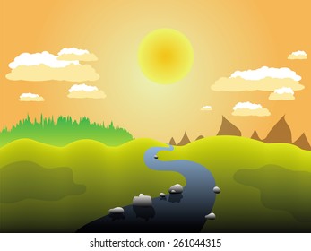 Vector illustration of summer landscape with river