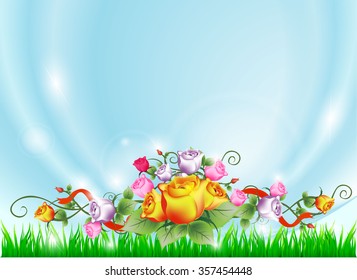 Vector illustration summer landscape Rose flower  frame floral  and corner design