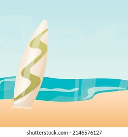 Vector illustration of a summer landscape of a sandy beach by the sea with a surfboard.