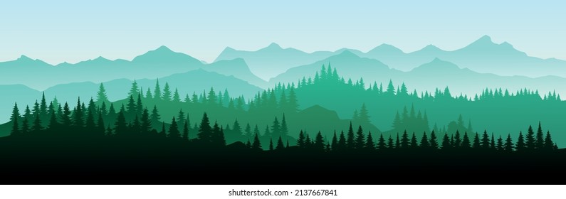 Vector illustration of summer landscape smoky forest, green mist mountains, hiking background in flat banner style.